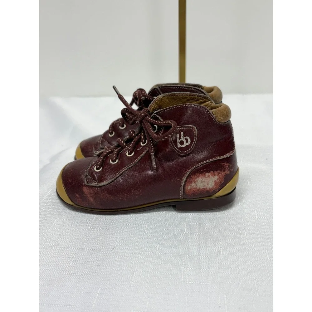 Vintage Babybotte Leather High-Top Lace-Up Babies Shoes Size 21 Burgundy Toe Cap